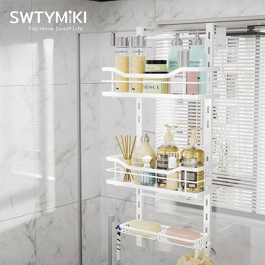 SWTYMIKI Over the Door Shower Caddy - 3 Tier Adjustable Shower Organizer Hanging with Soap Holder, No Drilling Stainless Steel Bathroom Hanging Caddy for Body Wash, Shampoo, Soap, Razor, White