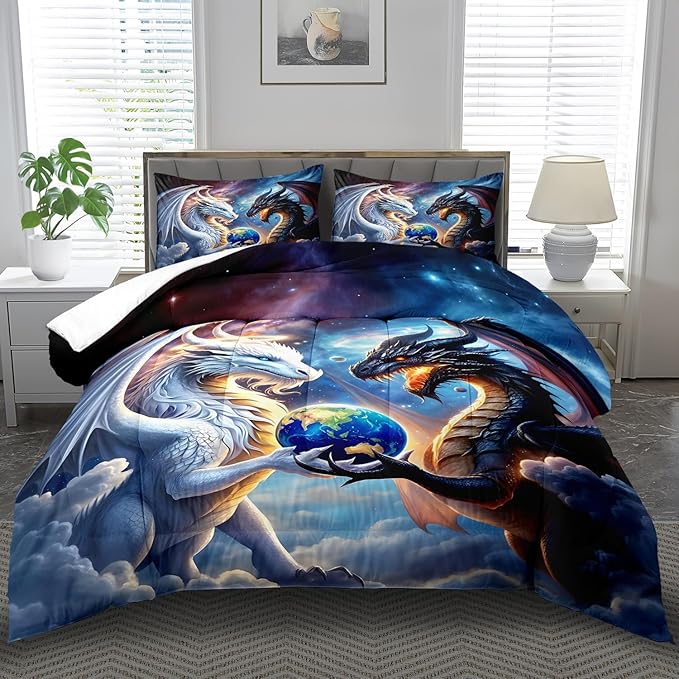 Black White Dragon Comforter Set King Boys Flame Ancient Mysterious Creatures Fantasy Dragon Bedding Set Boys GirlsWhite and Black Comforter King Size Animals Quilt Room Decor