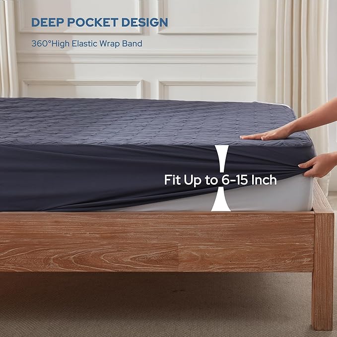 BEDLORE 2 Pack Waterproof Mattress Protector, Twin Size Mattress Pad with Deep Pocket 6"-15" Depth, Soft Breathable Bed Mattress Cover for Bedroom, College Dorm (Navy Blue)