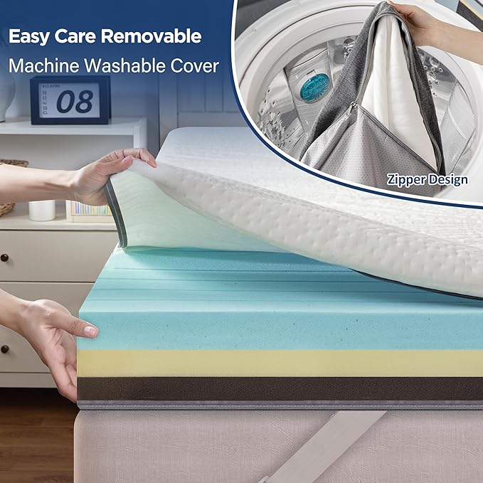 Enhomee Memory Foam Mattress Topper, 3 Inch King Mattress Topper with Cooling Gel and Washable Tencel Cover for Master Bedroom, Soft & Pressure Relief & Breathable, Non-Slip, CertiPUR-US Certified