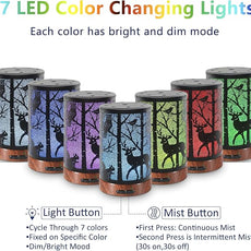 EQUSUPRO Essential Oil Diffuser 150ml Metal Aromatherapy Oil Diffuser Ultrasonic Cool Mist Diffuser with Auto Shut-Off Protection,7 Colors Changed LED for Home Office SPA Yoga (Deer)