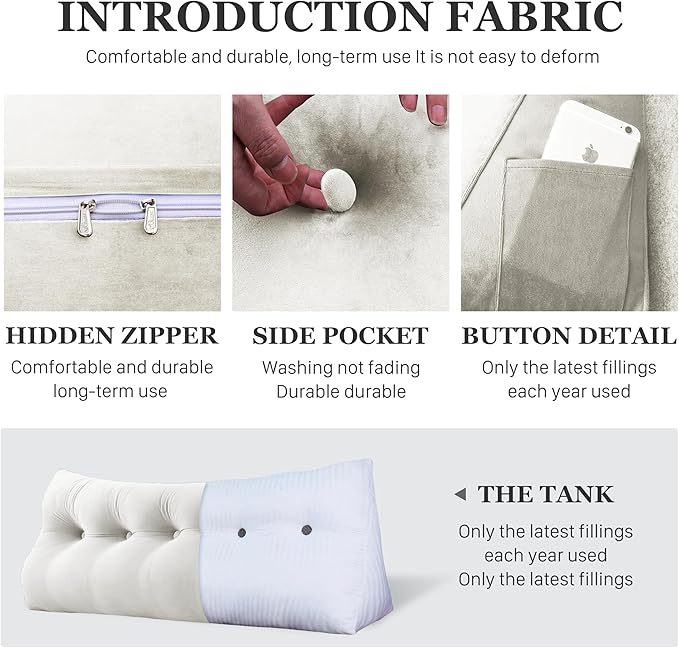 11 lbs Thickened Queen Headboard Pillow for Sitting Up in Bed, Back Support Reading Pillow with Side Pocket and Velvet Removable Cover, Triangular Large Wedge Headboard Pillow