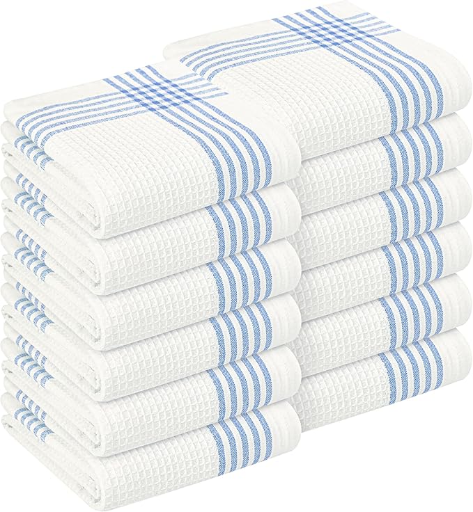 Sky Blue and White Cotton Kitchen Towels 12 Pack, 16x26 Inch, Waffle Weave, Quick Dry, Absorbent, Durable Dish Towels for Drying, Cleaning, Cooking, Daily Kitchen Use