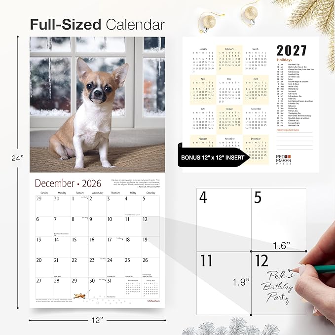 RED EMBER Chihuahuas 2026 Wall Calendar 12 Month | 12" x 24" Open | Thick & Sturdy Paper | Holiday Gift | Cute Puppy Dog Calendar 2026