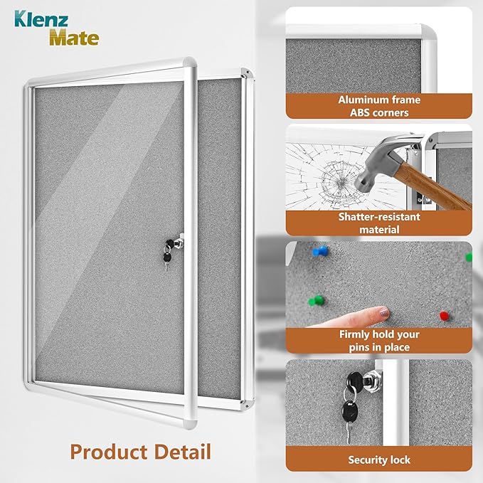 38"x28" Enclosed Bulletin Board Tamper-Proof Dispaly Case,Grey Fabric&Aluminium Frame,Shatter Resistant Lockable Bulletin Board with Clear Acrylic Door for School,Office,Mall,Community,Hospital,Church