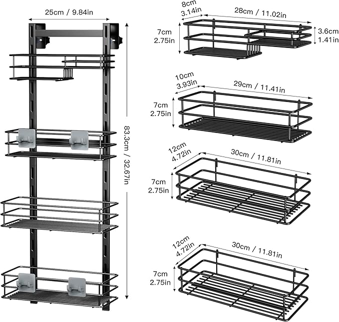 Orimade Over The Door Shower Caddy Adjustable 4 Tier Black,Bathroom Hanging Organizer Shelf Rustproof with 4 Hooks,Shower Basket with Soap Holder and Suction Cup