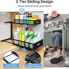 Under Sink Organizer, 2 Tier Pull Out Under Cabinet Organizer Shelf with Pad for Framed Cabinets, Metal Slide Out Under Sink Storage, Mesh Sliding Drawers for Kitchen Bathroom Laundry(Black, 1 Pack)