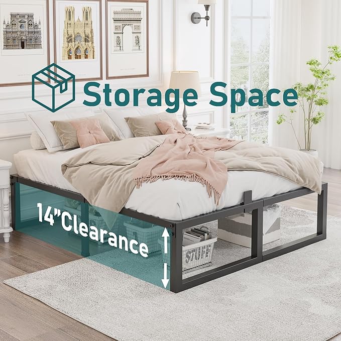 16 inch Full Size Bed Frame,3500 lbs Heavy Duty Metal Platform,Steel Slats Support/No Box Spring Needed/Noise Free/Non-Slip/Easy Assembly