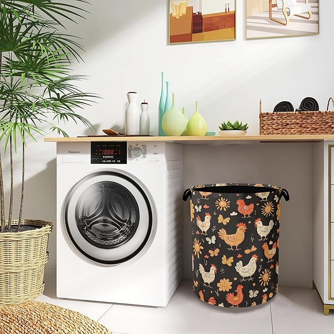 Cute Roosters Laundry Basket,Flower Butterfly Foldable with Handles Tote Bag Oxford Cloth for Bathroom Bedroom Dirty Clothes Storage Bucket 16" x 20.8"