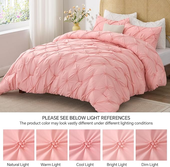 BEDELITE Pink Comforter Set Queen - 3 Pieces Boho Pintuck Bedding Comforter Sets, Lightweight Soft & Warm Bed Comforter Queen with 2 Pillowcases for All Season