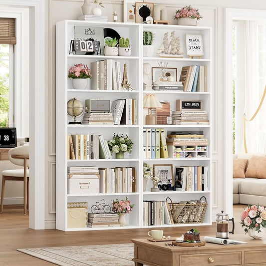 FOTOSOK 6-Tier Open Bookcase and Bookshelf Set of 2, Freestanding Display Storage Shelves Tall Bookcase for Bedroom, Living Room and Office, White