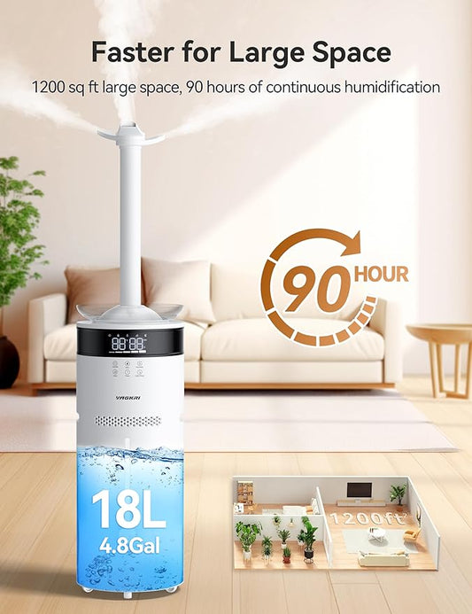 VAGKRI Humidifier Large Room, 18L Ultrasonic Cool Mist Humidifiers for Bedroom, Up to 1200 sq ft, 5 Mist Levels & Auto Mode, Quiet Humidifier for Plants, Baby, Whole House, Home with 2 Extended Tubes