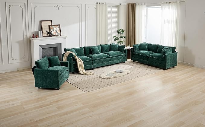 SoarFlash 113.78" Chenille Sectional Sofa, Comfy Modular Loveseat Sofa, Modern 3-Seat Couch Deep Seat Sofa Set for Living Room,Green