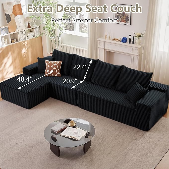 140" L Shaped Cloud Sectional Couch for Living Room, Modular Floor Deep-Seat Sofa, Big Comfy Corduroy Couches Set with Fluffy Memory Foam for Living Room Bedroom, No Assembly Required, Black