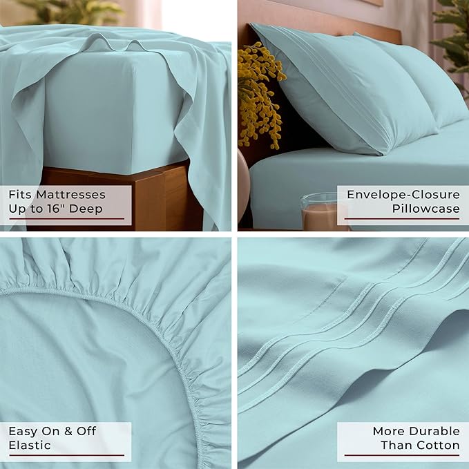 Mellanni Queen Sheet Set - 6-Piece Iconic Collection Bedding, (Including 4 Pillowcases), 16-Inch Deep Pocket, Easy Care, Extra Soft, Cooling Sheets, Brushed Microfiber - Aqua