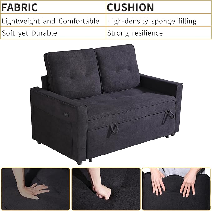 EJUNQ Pull Out Couch, Convertible Sofa Bed with USB and Reclining Backrest, Modern 3 in 1 Sleeper Sofa Couch Bed with Side Pockets, Comfortable Loveseat Sleeper for Small Spaces.(Black)