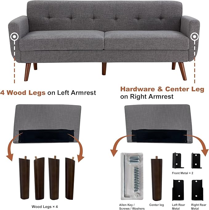 Tbfit 77.2" W Linen Sofa Couch, Mid Century Modern Decor Loveseat Couches for Living Room, Button Tufted Upholstered Small Couch for Bedroom, Solid, and Easy to Install Love Seats Furniture, Grey