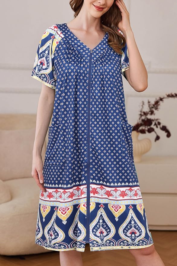 Ekouaer Women Robe Zipper Front Mumu Duster Robes Zip Up Housecoat Soft Sleepwear with Pockets