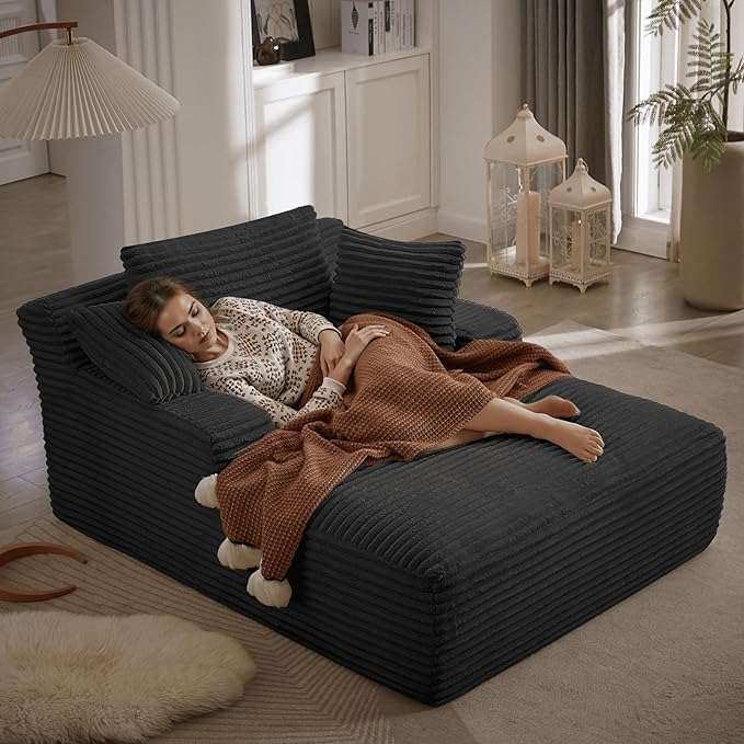 50 Inches Chaise Lounge Indoor, Oversized Chaise Lounge Chair with 3 Throw Pillows and Armrests, Corduroy Upholstered Plush Sofa Bed Lazy Chair Bed Sleeper Chair for Living Room Apartment (Black)