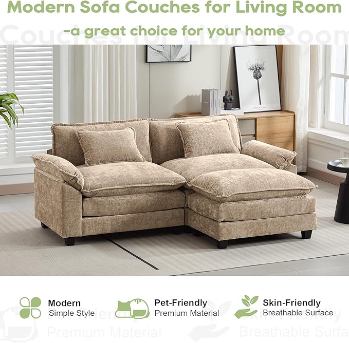 86" Modular Sectional Sofa, Comfy Cloud Couch Sectional Sofa with Ottoman, Chenille Sofa Sleeper Deep Seat Sofa with Throw Pillows for Living Room (Khaki, 86"- L Shape)