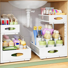 Under Sink Organizer, 2-Pack Pull Out Cabinet Organizer 2 Tier Metal Slide Out Storage Shelf Rack, L-Shaped Adjustable Height,Mesh Sliding Drawer for Kitchen, Bathroom, Laundry, Pantry, White, XL