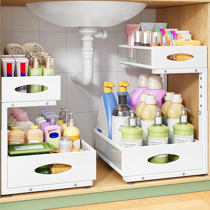 Under Sink Organizer, 1-Pack Pull Out Cabinet Organizer 2 Tier Metal Slide Out Storage Shelf Rack, L-Shaped Adjustable Height,Mesh Sliding Drawer for Kitchen, Bathroom, Laundry, Pantry, White, XL