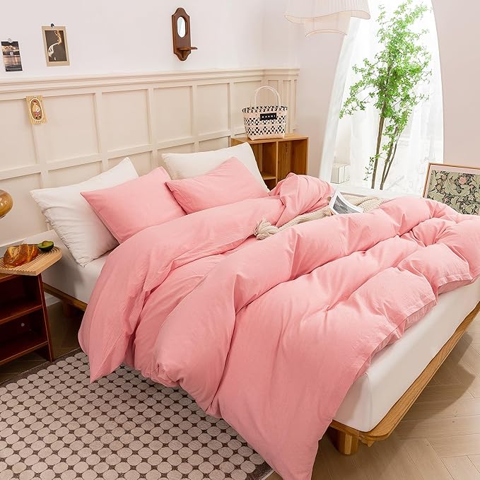 ECOCOTT Pink Duvet Cover Queen Size - Linen Feel Organic Natural 100% Washed Cotton, Soft Breathable 3 Pieces Bedding Set with Zipper Closure
