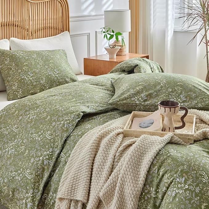 MKXI Vintage Style Comforter Set Queen Size Wildflower Comforter Set Floral Bedding Set Green Floral Duvet Comforter Microfiber Bed Set Soft Reversible Farmhouse Comforter Army Green