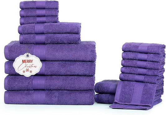Ample Decor Bathroom Towel Set of 18-4 Hand Towel, 4 Bath Towel, 10 Wash Cloths - Oeko Tex Certified 600 GSM 100% Cotton - High Absorbency Quick Drying, Ideal for Gifting - Purple