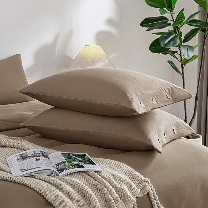 JELLYMONI Pillowcases King Set of 2 Cotton Button Pillow Covers 20×36in Khaki Bed Pillow Cases 100% Washed Cotton Soft Breathable (Pillows are not Included)