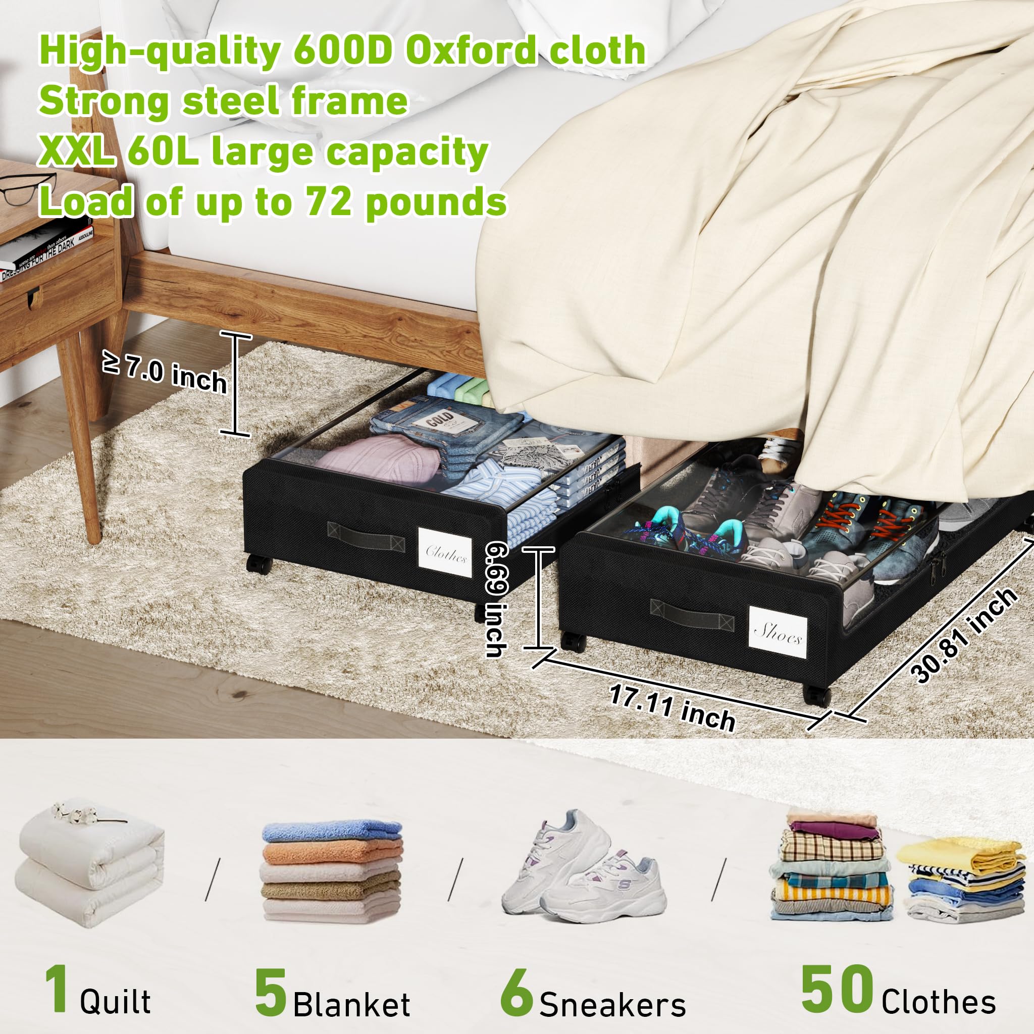YAASHEEN Under Bed Storage with Wheels, 2-Pack Under the Bed Storage Containers with Clear Lids & Label, Underbed Storage Bins, XXL 60L Rolling Metal Drawer for Clothes, Shoes, Toys, Books - Black Dormly