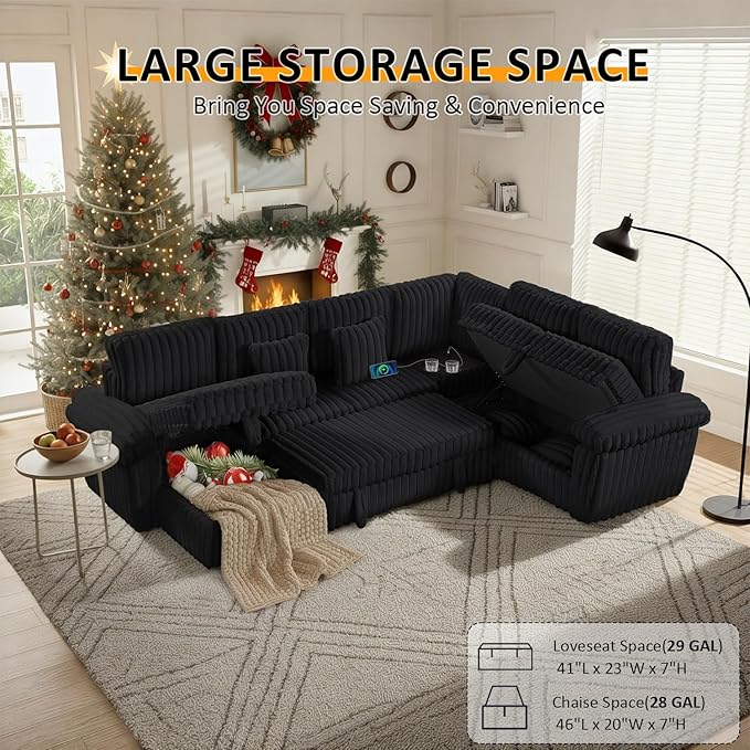 Modular Sectional Sleeper Sofa with Pull Out Bed, U Shaped 7 Seat Sectional Couches for Living Room, 110 Inch Sofa Bed with Armrest Pillows | Hidden Storage | USB Charging | Cup Holder, Black