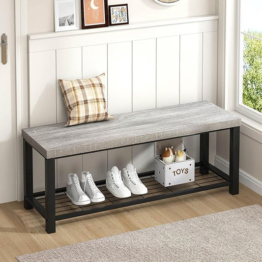 FOLUBAN Entryway Bench, Rustic Wood and Metal Shoe Storage Bench for Hallway Front Door Entrance, Industrial Indoor Bench for Bedroom Living Room, 43.3 Inch Light Grey