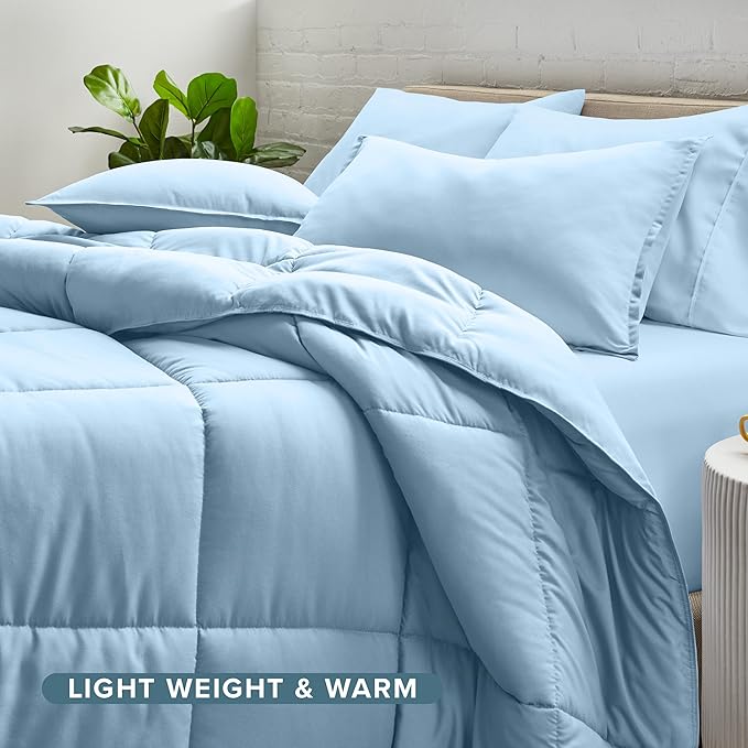 Bare Home Bed-in-A-Bag 5 Piece Comforter & Sheet Set - Twin - Goose Down Alternative - Ultra-Soft 1800 Premium Bed Set (Twin, Light Blue/Light Blue)