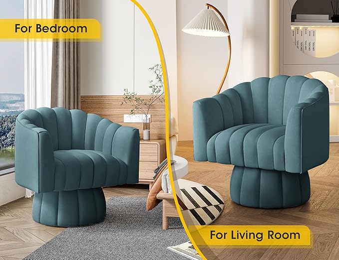 Accent Chair Mid Century 360 Degree Swivel Chair,Modern Lounge Sofa Round Barrel Chair with Wide Upholstered,Fluffy Velvet Fabric Chairs for Home Sofa Living Room/Bedroom/Waiting Room (Blue)