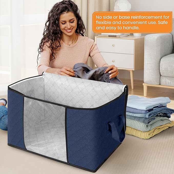 Fab totes 24 Gallons Clothes Storage, Foldable Thick Fabric Blanket Storage Bags, Containers for Organizing Bedroom, Closet, Clothing, Comforter, Organization with Handle (3 Pack,Blue)