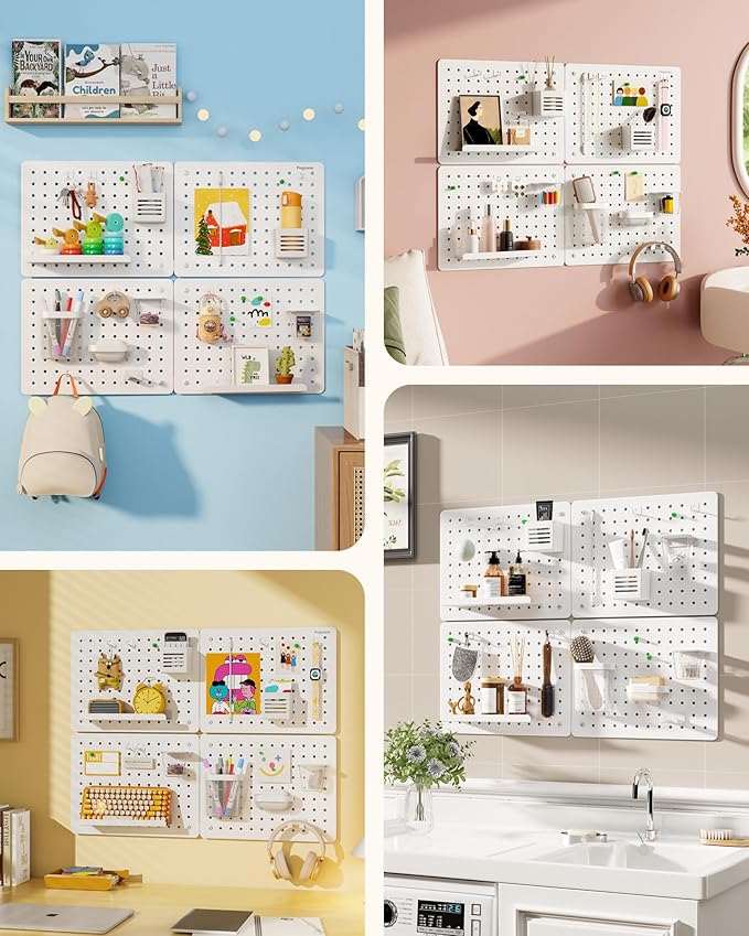Pegboard Wall Organizer Combination Kit,Overall 33.1"x25.4" Metal Office Pegboard with 21 Accessories, Wall Mounted Peg board Display Panels for Home, Gaming Room, Garage (4Pcs,White)