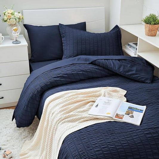 HYMOKEGE Navy Blue Twin XL Comforter Set Seersucker 5 Pieces, All Season Luxury Bed in a Bag for Bedroom, Bedding Set with Comforter, Sheets, Pillowcase & Sham