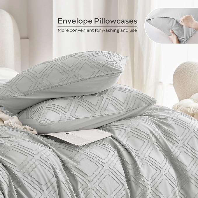 JELLYMONI Duvet Cover Full Size Light Grey - 3PCS Boho Duvet Cover Set Plaid Polyester Tufted Bohemian Jacquard Knit Textured Comforter Cover 80×90in Rhombic Geometric Pattern Corner Ties & Zipper