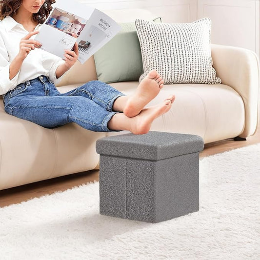 PINPLUS Storage Ottoman Cube Square Shaped Ottomans with Storage Foot Stool Footrest for Lving Room Boucle Ottoman Seat for Dorm Room,Faux Teddy Fur Grey,11.8"x11.8"x11.8"