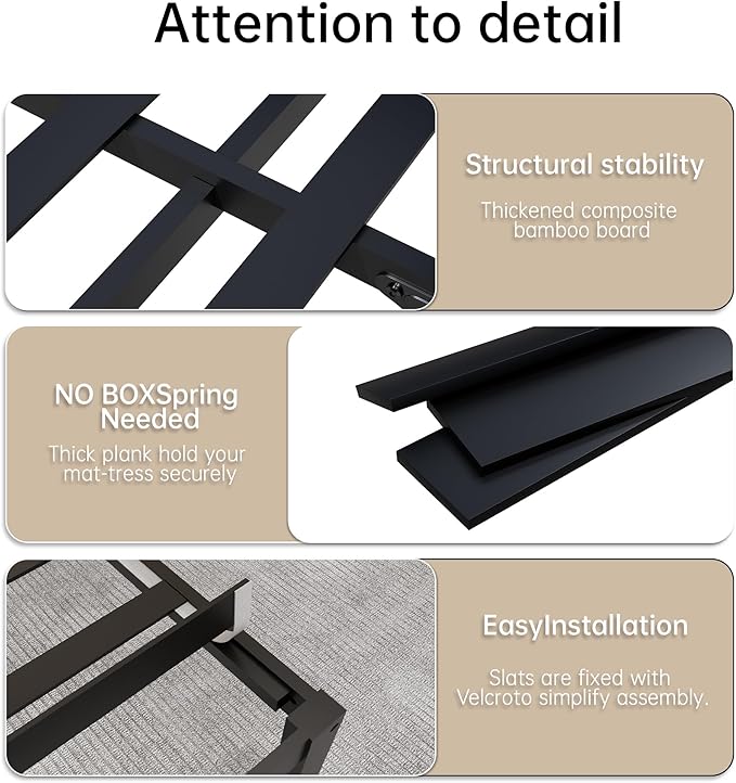 14 Inch Bamboo Bed Frame – Solid Wood Platform Bed Frame, Strong and Stable, with Non-Slip Slats for Support, No Box Spring Needed, Easy to Assemble, Noise-Free (Black, Full with Headboard)