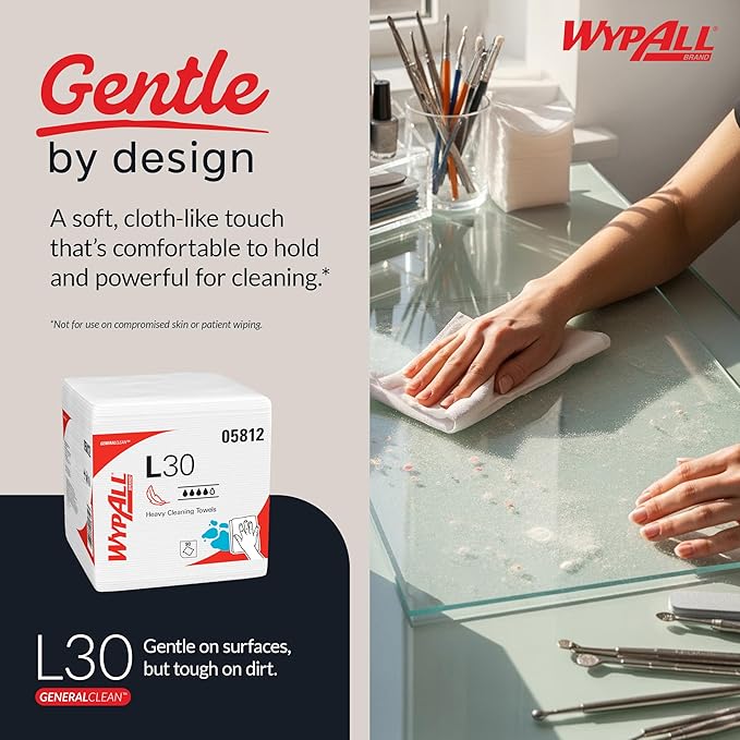 WypAll GeneralClean L30 Cloths Heavy Duty Cleaning Wipes (05812), Quarterfold, Strong and Soft Bulk Paper Wipers, White (12 Packs of 90 Sheets, 1,080 Sheet Total)