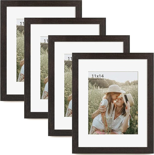 11x14 Picture Frame with Mat for 8x10 Set of 4, Distressed Black Wood Grain 11 x 14 Gallery Wall Picture Frames for Wall Mounting(4 Pack, Black)