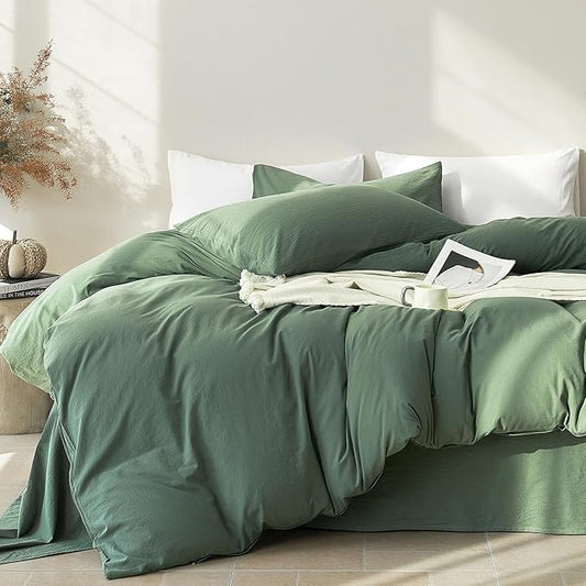 JELLYMONI Duvet Cover King Size - Washed Cotton Comforter Cover with Linen-Like Texture,Breathable & Soft Bedding for Modern Home,Guest Room and Everyday Use,Dusty Green 1 Duvet Cover & 2 Pillowcases