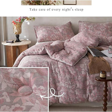 MKXI Double Layer Muslin Cotton Comforter Set Farmhouse Old Pink Floral Comforter Twin XL Shabby Chic Bedding Comforter Set Soft Breathable French Country Bed Comforter for All Season