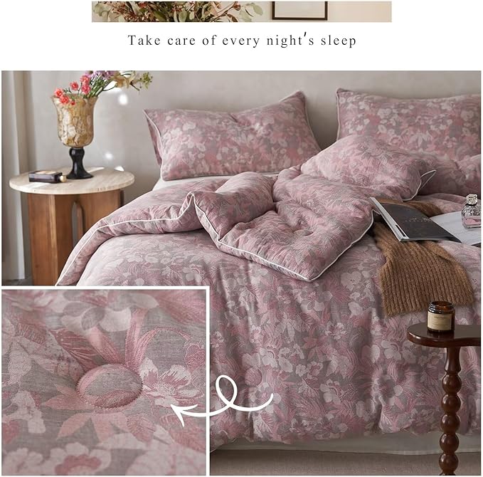 MKXI Double Layer Muslin Cotton Comforter Set Farmhouse Old Pink Floral Comforter Twin XL Shabby Chic Bedding Comforter Set Soft Breathable French Country Bed Comforter for All Season