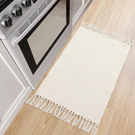 Lahome Boho Bathroom Rugs, Small 2x3 Door Mat Indoor Lightweight Entryway Rug Washable Cotton Area Rug with Tassels, Farmhouse Non Shedding Beige Throw Rug Low Pile Carpet for Kitchen Laundry