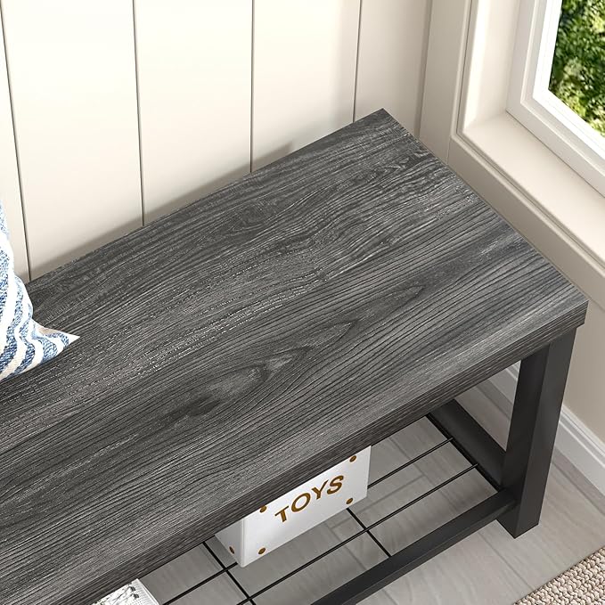 FOLUBAN Shoe Storage Bench, Modern Entryway Bench with Metal Shelf, Industrial Indoor Shoe Bench Seat for Bedroom, Hallway, Living Room, Dark Gray, 47 Inch