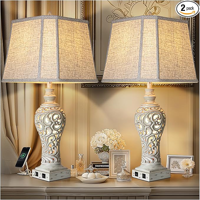 32" Tall Table Lamps Set of 2 - Bedside Lamp with Fabric Shades - for Bedroom and Living Room with USB and Nightlight - Perfect for Nightstands and Bedrooms - Bulbs Included