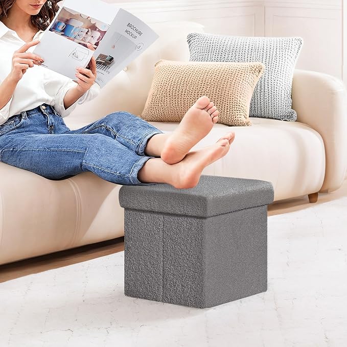 PINPLUS Storage Ottoman Cube Square Shaped Ottomans with Storage Foot Stool Footrest for Lving Room Boucle Ottoman Seat for Dorm Room,Faux Teddy Fur Grey,12.6"x12.6"x12.6"